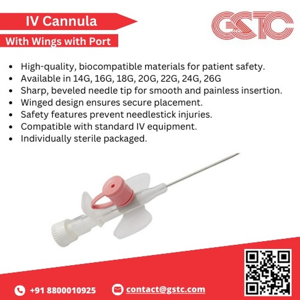 Hospital use iv cannula with wings and port