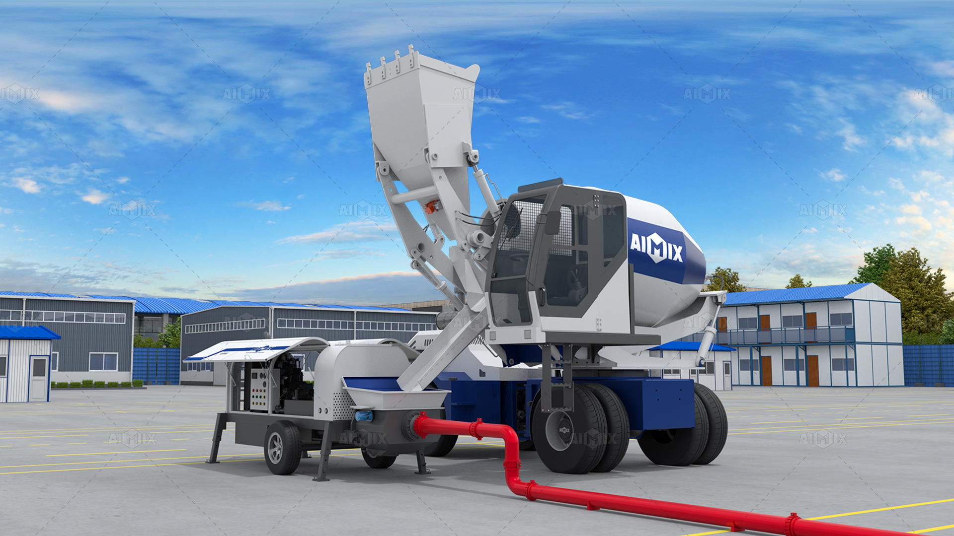 Self loading concrete mixer with pump