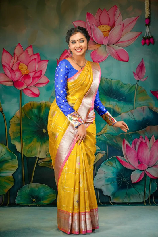 Yellow with pink venkatagiri soft silk saree at theni anantham